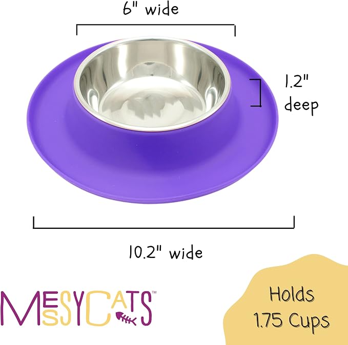 Messy Cats Single Silicone Feeder, Stainless Bowl, 1.75 Cup, Purple | Non-Slip Silicone Cat Feeding Station With Removable Stainless Steel Saucer Bowl For Food Or Water - Image 4