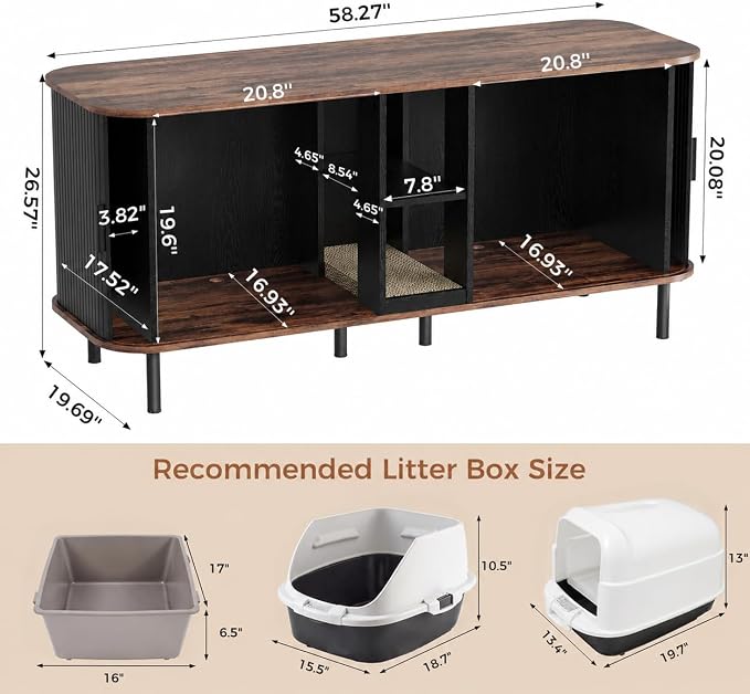 58" Double Cat Litter Box Enclosure, Large Hidden Litter Box Furniture for 2 Cats with Cat Scratch Pad, Wooden Modern Indoor Cat House with Double Room, TV Stand, Side Table, Black - Image 2