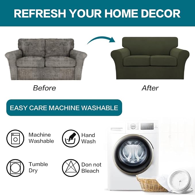 Turquoize 3 Piece Sofa Covers for 2 Cushion Couch Sofa Slipcover Soft Couch Cover for Dogs-Washable Sofa Furniture Cover with 2 Individual Cushion Covers, Thick Jacquard Fabric (Loveseat, Olive) - Image 7
