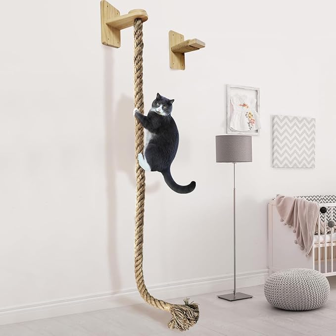 Cat Scratching Post Wall Mounted Climbing Rope Set – Double Platform, Sisal Rope, Space Saving, Easy Install, Multi-Level Cat Playground (Light Brown) by netsTribe