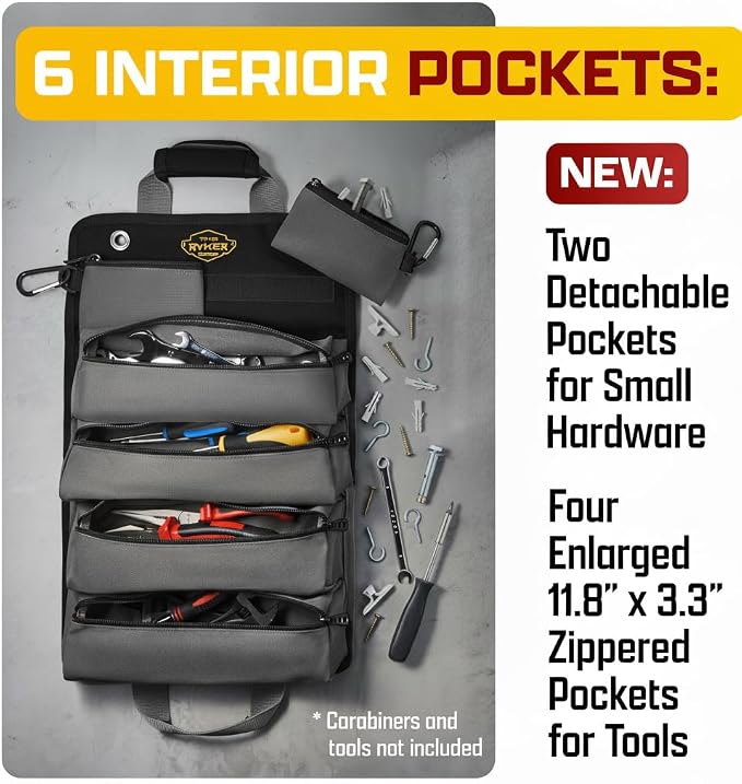 Ryker Original Heavy Duty Roll Up Tool Bag Organizer w/Detachable Pouches | Small Tool Kit Pouch Work Bag for Contractor, Mechanic, Technician, Electrician & HVAC Tools. Portable Camping Rollup Toolbag - Image 4