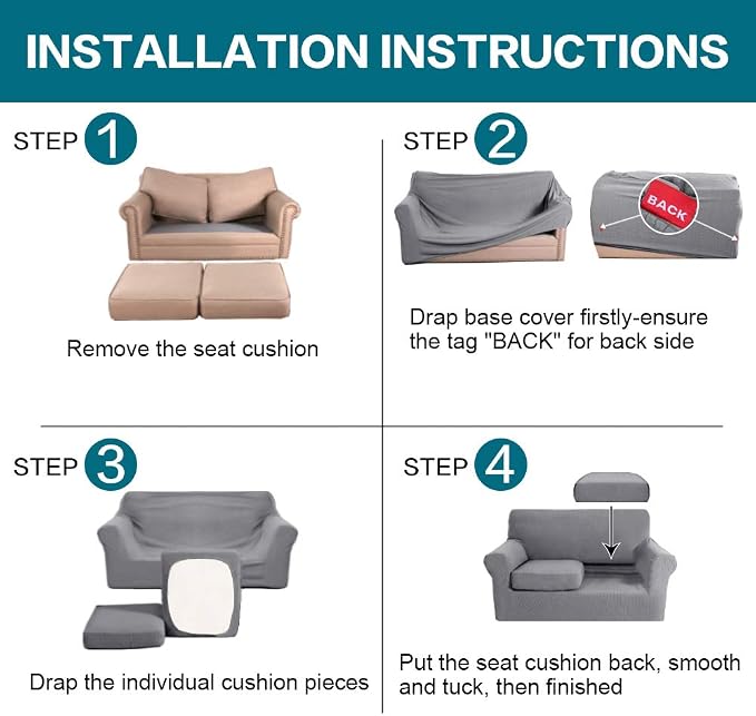 Turquoize 3 Piece Sofa Covers for 2 Cushion Couch Sofa Slipcover Soft Couch Cover for Dogs-Washable Sofa Furniture Covers with 2 Individual Cushion Covers, Feature Thick Fabric (2 Cushion Sofa, Dove) - Image 6