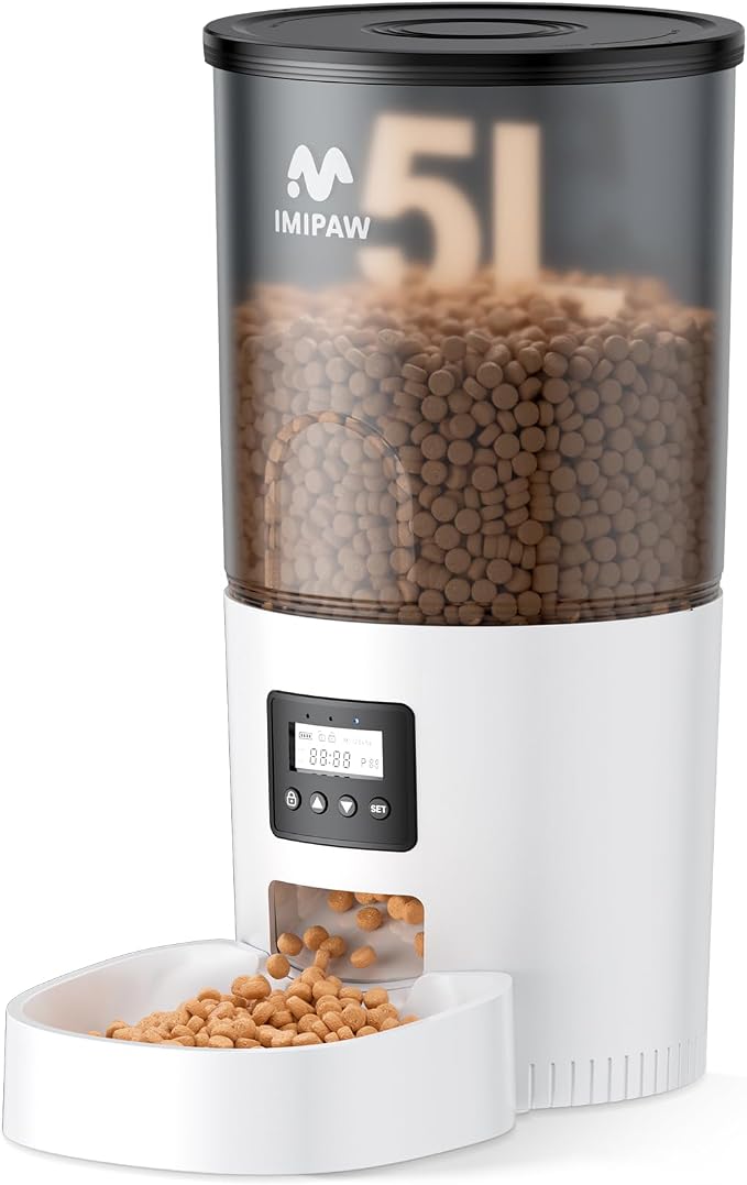 IMIPAW Automatic Cat Feeders, 5L Large Capacity, Timed Feeding Dry Food, Dual Power Design, Programmable Portion Size, 1-6 Meals Per Day, with Desiccant Packet, Suitable for Small Pets Food Dispenser by IMIPAW