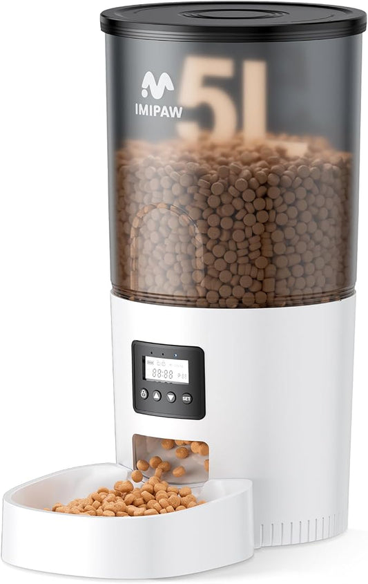 IMIPAW Automatic Cat Feeders, 5L Large Capacity, Timed Feeding Dry Food, Dual Power Design, Programmable Portion Size, 1-6 Meals Per Day, with Desiccant Packet, Suitable for Small Pets Food Dispenser by IMIPAW