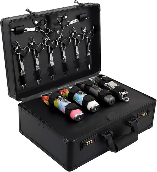 Barber Case Clipper Bag Black, Hair Kit Tool Box Aluminum Organizer with Portable Handle and Secure Numlock for Scissors, Clippers, Barber Supplies 15.8" x 11" x 6.5" by Kinglioncase