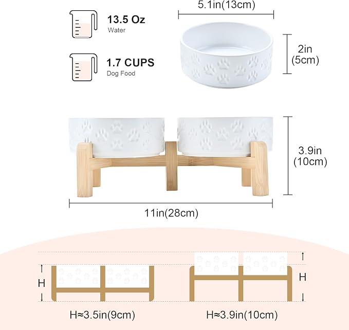 SPUNKYJUNKY Elevated Dog Bowls Ceramic, 5.1'' Dogs and Cat Food Water Bowls Raised with Non-Slip Bamboo Stand for Puppy Small Sized Breed Microwave Dishwasher Safe - 13.5 OZ,Paw White - Image 3