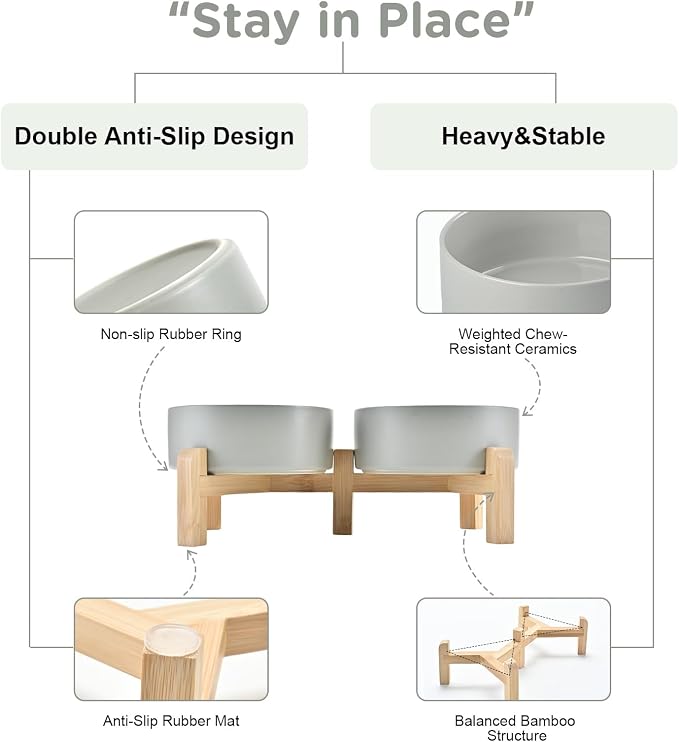 SPUNKYJUNKY Elevated Dog Bowls Ceramic, 5.1'' Dogs and Cat Food Water Bowls Raised with Non-Slip Bamboo Stand for Puppy Small Sized Breed Microwave Dishwasher Safe - 13.5 OZ,Grey - Image 4
