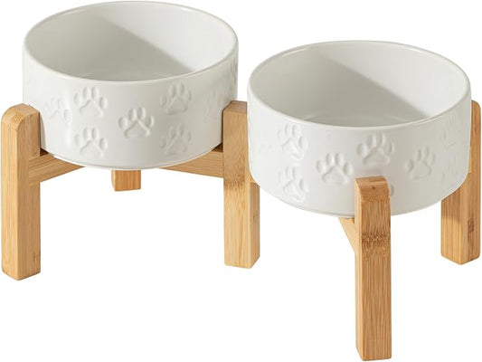 Elevated Ceramic Dog Bowl Set, Anti-Skid Bamboo Stand, White, 6.1 inch | Food and Water Bowls with Fixed Non-Slip Rubber Ring, Microwave Safe, Easy to Clean, 3.5 Cup per Bowl, for Small Breed Dogs by Unknown