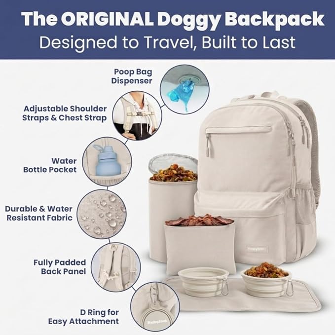 Rubyloo Dog Travel Backpack for Supplies - Dog Diaper Bag with Travel Bowls | 2 BPA-Free Bowls; Food Container & Treat Pouch; Placemat; Laptop Sleeve; Poop Bag Dispenser, Hiking, Camping & Road Trips, - Image 2