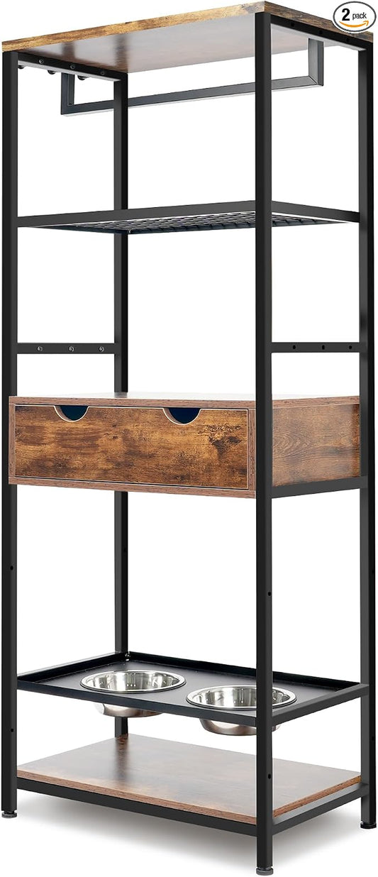 Dog Feeding Station Storage Furniture Shelves with Drawer, 3 Levels Height Adjustable Raised Dog Bowls by Flieghund