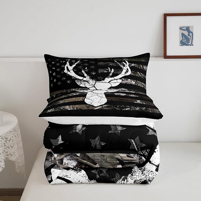 Manfei Antler Comforter Set for Kids Boys Elk Deer Animal Camo Farmhouse Style Bedding Sets Teens Cute Room Decor Camouflage American Flag Comforter with 2 Pillow Cases for All Seasons,Queen - Image 5