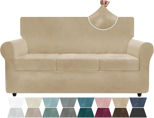 ZNSAYOTX Luxury Velvet Couch Cover 4 Piece (72"-92") Stretch Sofa Covers for 3 Cushion Couch Thick Soft Sofa Slipcover with Non Slip Strap, Dog Pet Friendly Nice Furniture Protector (Camel) by ZNSAYOTX