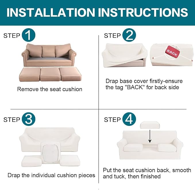 Turquoize 4 Piece Sofa Covers for 3 Cushion Couch Sofa Slipcover Soft Couch Cover for Dogs Washable Furniture Cover with 3 Individual Large Cushion Covers Feature Fabric (Large Sofa, Porcelain White) - Image 6