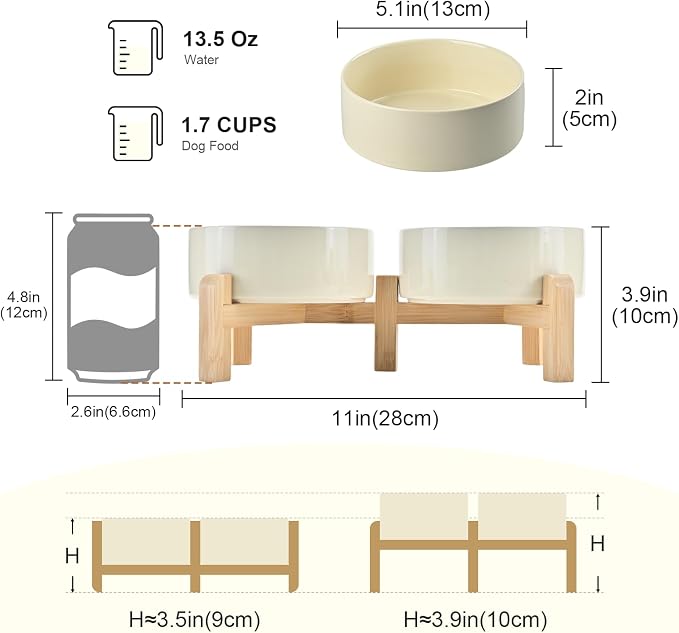 SPUNKYJUNKY Elevated Dog Bowls Ceramic, 5.1'' Dogs and Cat Food Water Bowls Raised with Non-Slip Bamboo Stand for Puppy Small Sized Breed Microwave Dishwasher Safe - 13.5 OZ,Beige - Image 2