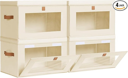 Homsorout Collapsible Storage Bins - Large Closet Organizer with Handles & Window, Decorative Storage Boxes, Fabric Containers for Living Room, Dorm, 4 Pack, Beige by Homsorout