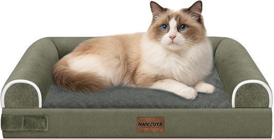 NANUYA Orthopedic Dog Bed for Small Dogs, 20 x 14 Inch, Dark Green | Egg crate foam for joint support, 3-sided bolster pet sofa, waterproof lining, washable cover, and non-skid base by Nanuya
