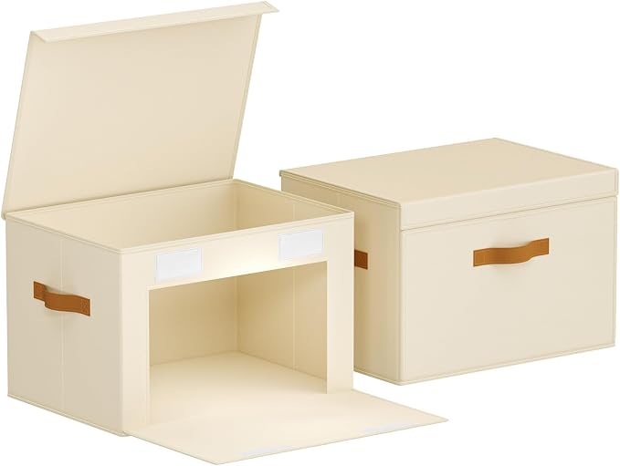 Homsorout Large Storage Bins with Lids - Front Opening Fabric Storage Bins, Flap Closet Organizer with Handles, Collapsible Boxes with Lid, Decorative Basket for Home, Dorm, 2 Pack, Beige - Image 8