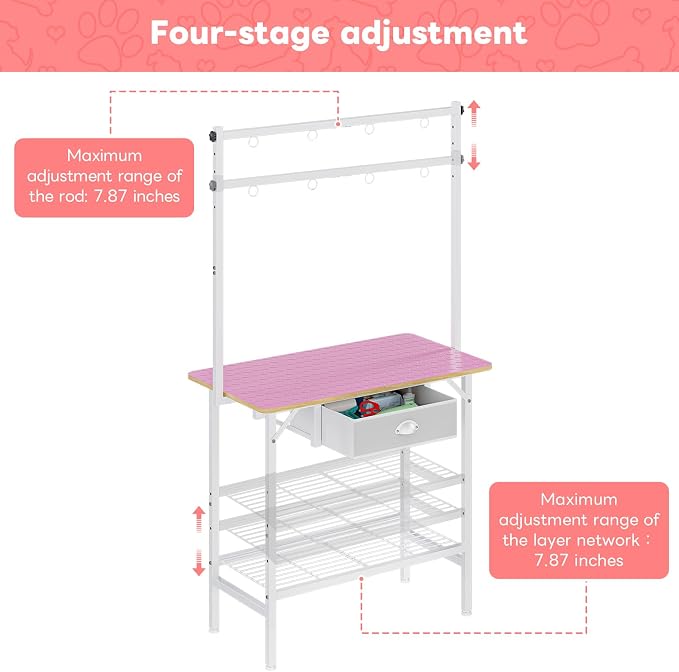 32-Inch Adjustable Dog Grooming Table with Drawer & Mesh Tray, Pet Grooming Table with Non-Slip Removable Washable Mat & EVA Protective Lanyard, Professional Grooming Table for Small Dog at Home（Pink - Image 4