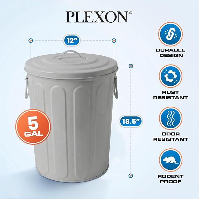 Plexon 5 Gallon Small Metal Trash Can with Lid Outdoor Galvanized Steel Bucket with Lid 5 Gal Storage Can for Dog Food Bird Seed Storage Container, Gray 2 Pack - Image 6
