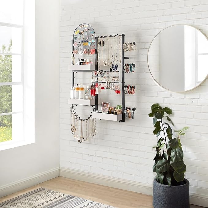 Keebofly Wall Mount Hanging Jewelry Organizer - Large Display Holder for Earrings, Rings, Necklaces, Bracelets, Watches and Perfume - White - Image 8