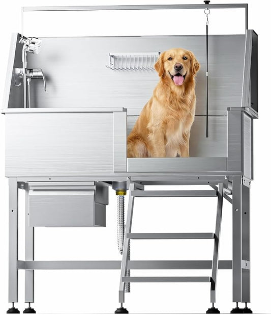 Dog Washing Station for Home,Professional 46" Stainless Steel Dog Bathing Station Height Adjustable Dog Wash Station Dog Grooming Tub Stair, Drawer, Floor Grate & Fauct (Right Stair) by RUDCXDY