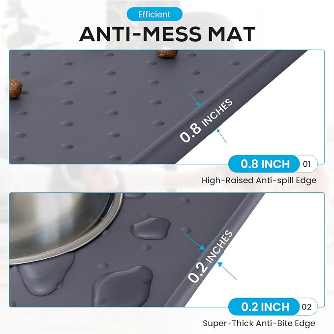 Silicone Pet Feeding Mat - 32' x 19' with Residue Collection Pocket - Waterproof Cat & Dog Bowl Mat, High Edges - Gray - Image 4