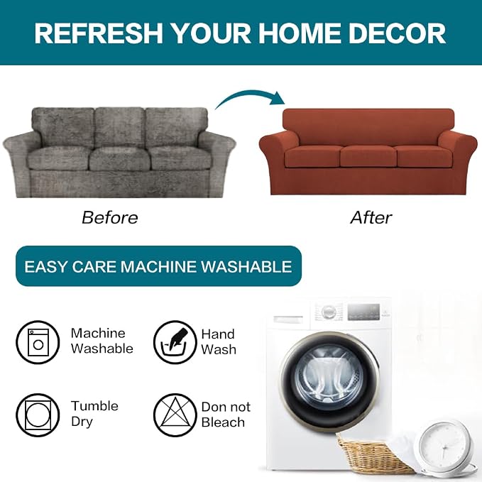 Turquoize 4 Piece Sofa Covers for 3 Cushion Couch Sofa Slipcover Soft Couch Cover for Dogs-Washable Sofa Furniture Covers with 3 Individual Cushion Covers (3 Cushion Sofa, Rust) - Image 7