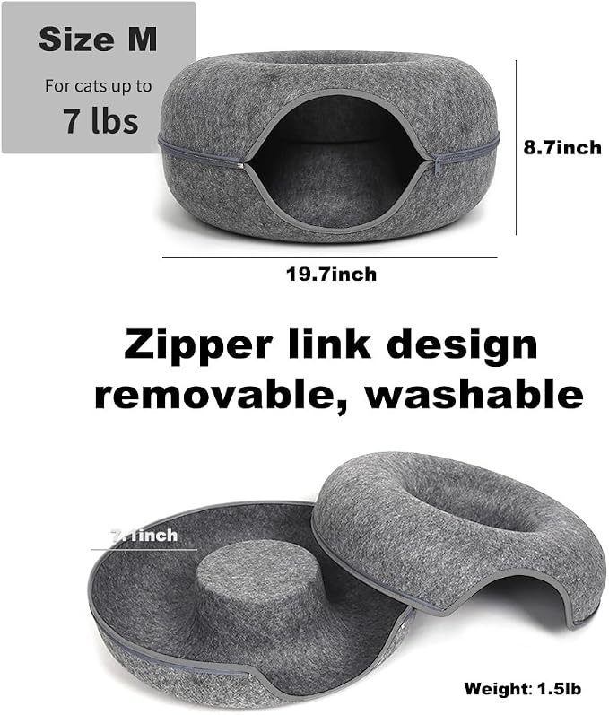 Cat Tunnel Bed for Indoor Cats with 3 Toys, Scratch Resistant Donut Cat Bed, Up to 9 Lbs (M 20x20x9, Dark Grey) - Image 2