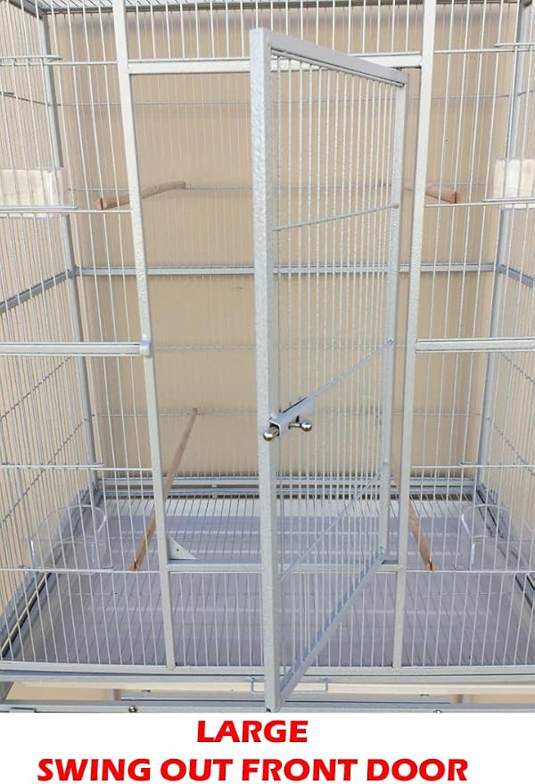 64" Extra Large Wrought Iron Metal Tight 1/2-Inch Bar Spacing Bird Flight Breeder Cage with Side Breeding Nesting Box Doors Easy Clean Pull Out Tray with Removable Rolling Stand - Image 4