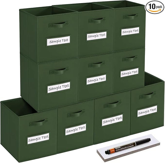 13x13x13 storage cube bins (Set of 10) Fabric storage cubes with 10 Labels Window Cards & a Pen, storage cubes 13x13, Collapsible 13 inch cube storage bins, Cubby Organizer Boxes, Dark Green by Artsdi