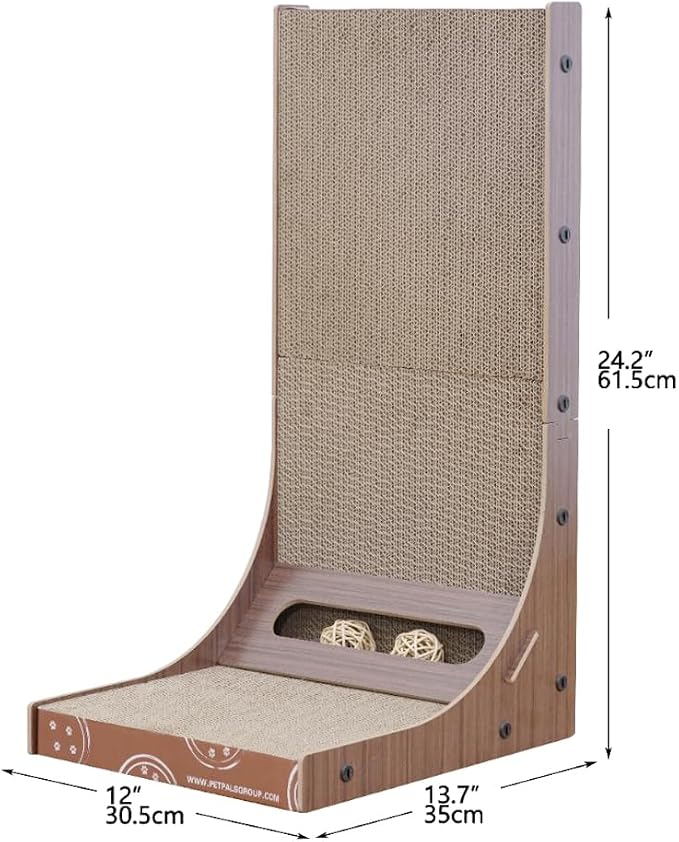 Petpals Corrugate Cardboard Cat Scratching Pad, 24" Double Side L Shaped | Replaceable Cardboard Scratching Pads, Multi-use to Protect Couch Sofa Furniture, with Rattan Ball Toys, Laminated Wood Frame - Image 2