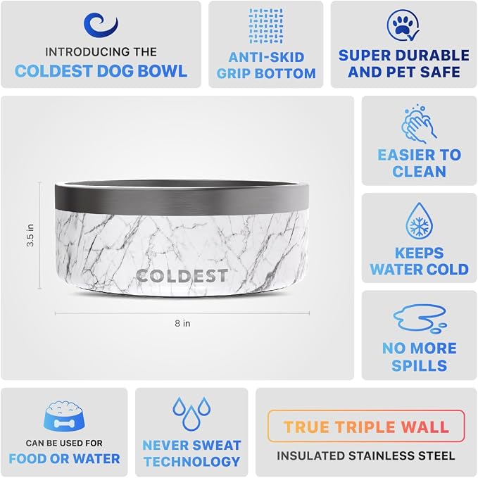 Coldest Dog Bowl - Anti Rust Metal, Non Slip, 3 Layers Insulated Stainless Steel Dog Bowls - Spill Proof & Heavy Duty - Water Bowl for Dogs, Cats & Pets, Dish Washer Safe (64 oz, Carrara Marble) - Image 5