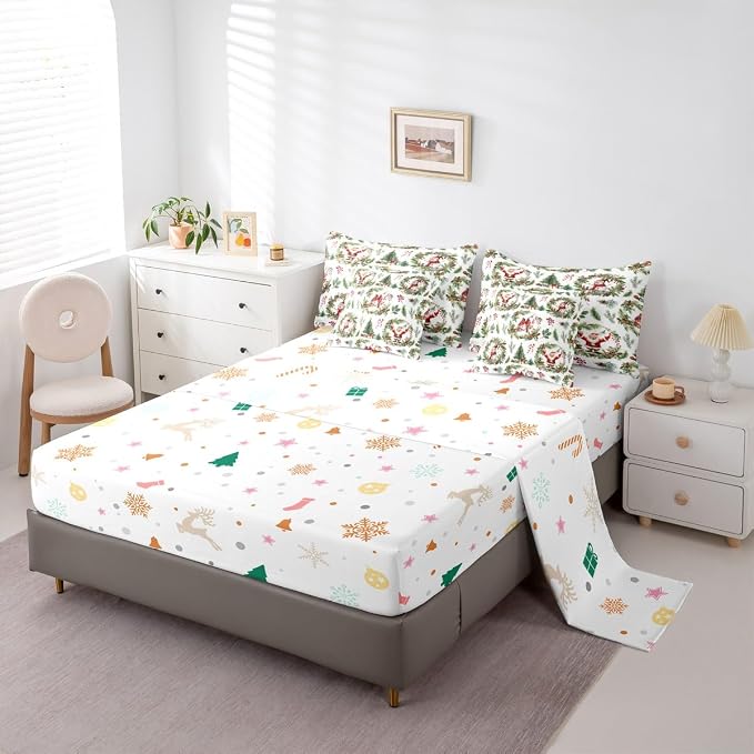 Erosebridal Merry Christmas King Comforter Set with Sheets 7 Piece Red Green Xmas Cardinal Bed in A Bag Xmas Snowman Santa Claus Bedding Sets for Teens Christmas Red Berry Branches Wreath Bed Set - Image 5
