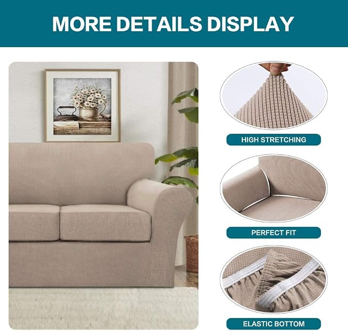 Turquoize 4 Piece Sofa Covers for 3 Cushion Couch Sofa Slipcover Soft Couch Cover for Dogs Washable Furniture Cover with 3 Individual Large Cushion Covers Feature Fabric (Large Sofa, Sand) - Image 4