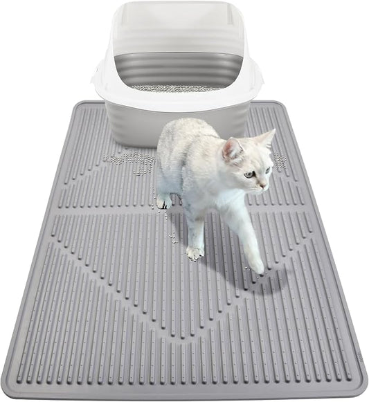 Mofason Rubber Large Cat Litter Mat, Grey Silicone Kitty Cat Litter Box Mat | Waterproof 28"x20" litter matt for cats; easy clean litter trapping catcher mat, cat litterbox mats, large pet mat cat indoor by Mofason
