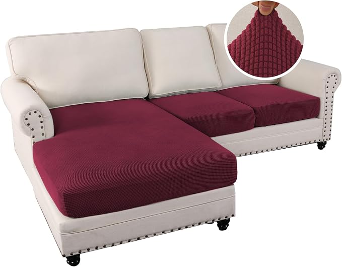 H.VERSAILTEX Sectional Couch Covers 3 Pieces Sofa Seat Cushion Covers L Shape Separate Cushion Couch Chaise Cover for Both Left/Right Sectional Couch (Seat Only: 1 Chaise + 2 Sofa, Burgundy) - Image 2