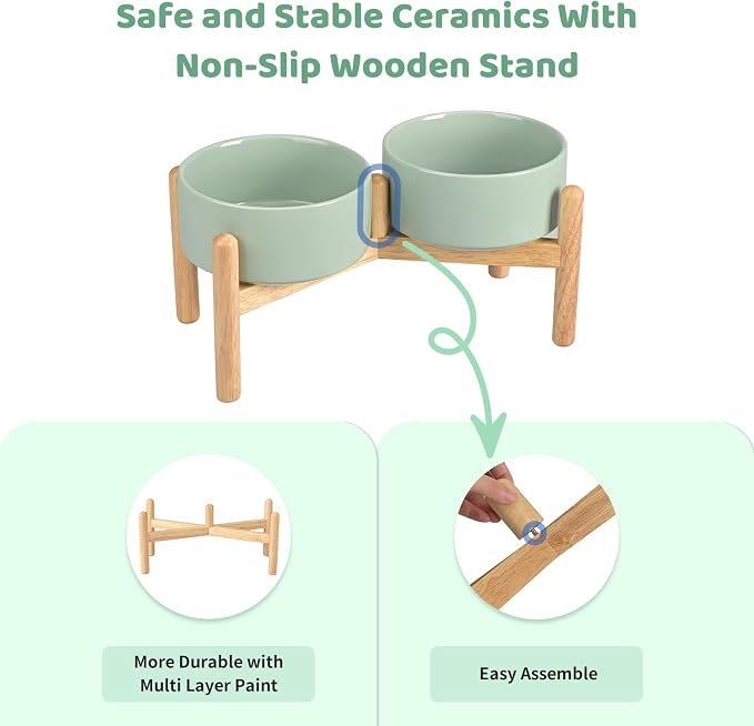 SPUNKYJUNKY Ceramics Elevated Dog Bowls with Wooden Stand Raised Bowl for Medium Large Dog Food and Water Pet Feeding Bowl(Double 60OZ Bowls,Light Green) - Image 4
