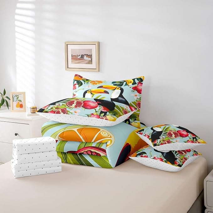 Erosebridal 7-Piece Comforter Set Full Size, Cute Toucan Parrot Fruits Bed in a Bag Bedroom Comforter with Sheets (1 Comforter, 1 Flat Sheet 1 Fitted Sheet 2 Pillowcases and 2 Pillow Shams) - Image 6