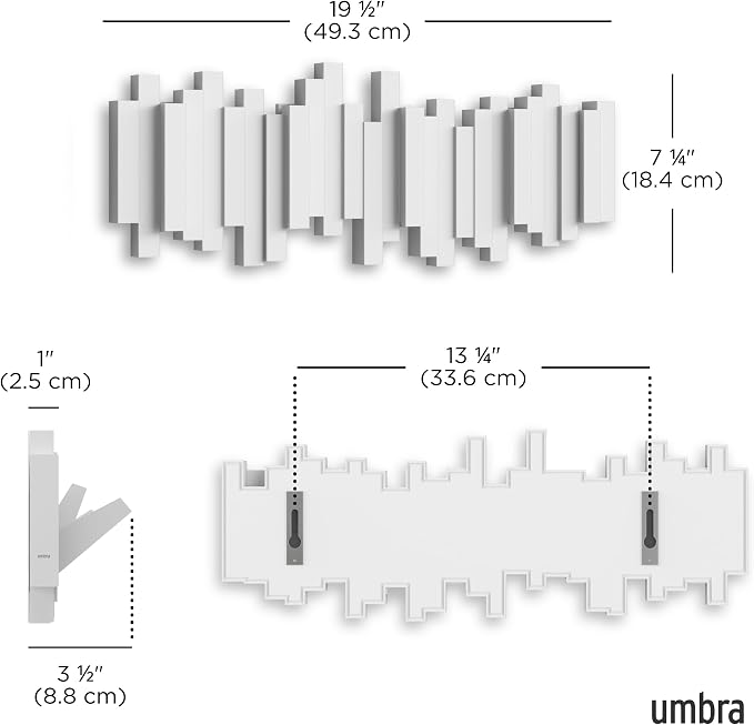 Umbra Sticks Wall Mount Coat Rack, 5 Hook Retractable Pegs, White | Mounting hardware included, sculptural modern design, entryway or bedroom use, recycled plastic - Image 3
