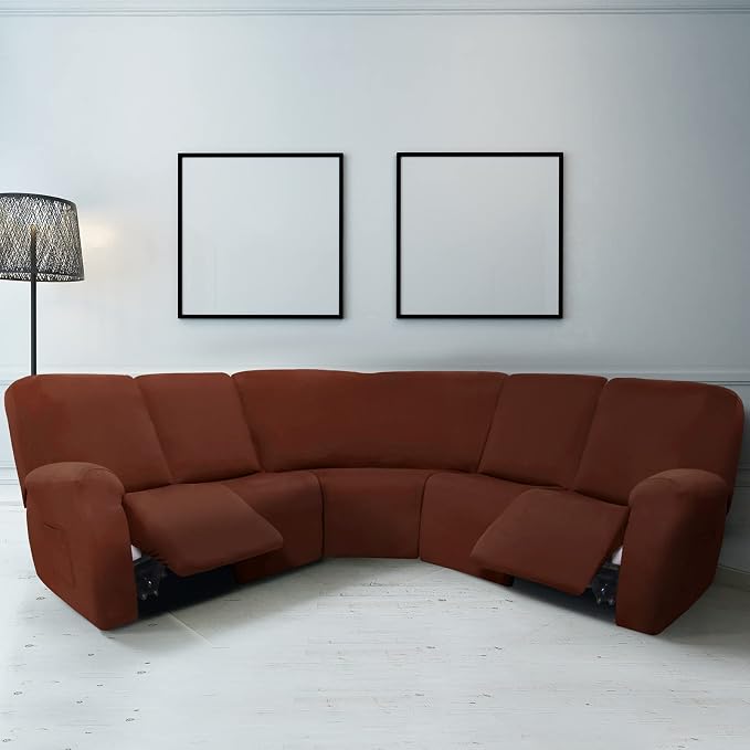 Peryiter 7 Pcs L Shape Sectional Recliner Sofa Covers 5 Seat Sectional Couch Covers Milk Silk Velvet Stretch Reclining Sofa Slipcover Furniture Protector for Living Room(Coffee Brown,Milk Silk) - Image 2