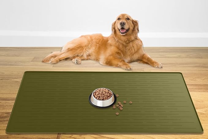 48" x 32" Largest Pet Food Mat, XXXL Silicone Dog Mats for Food and Water, Nonslip Pet Feeding Mats for Floors,Dog Cat Bowl Mat with Raised Edges, Avocado Green by WelcometoULTIBE
