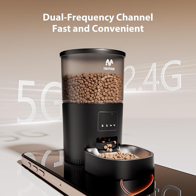 IMIPAW Automatic Cat Feeder, 5G WiFi Food Dispenser with APP Remote Control, Pet Dry Food Smart Feeder, Programmable Timed Feeding, Dual Power Supply, 1-10 Meals, Desiccant Bag, Stainless Steel Bowl - Image 3