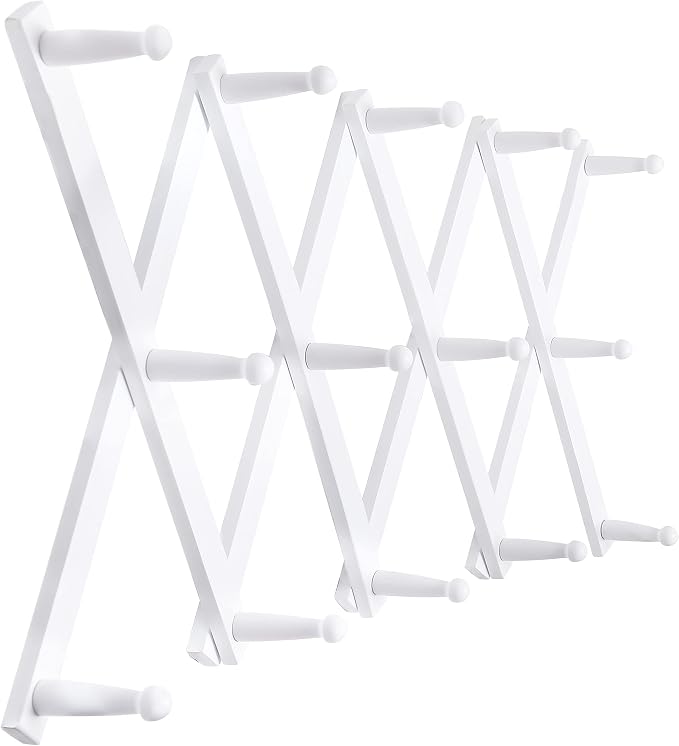 SKOLOO Hat Rack for Wall with 14 Hooks, Solid Wooden, Modern, Expandable Coat Rack Wall Mount for Coats, Hats, Bags, Baseball Caps, White by SKOLOO