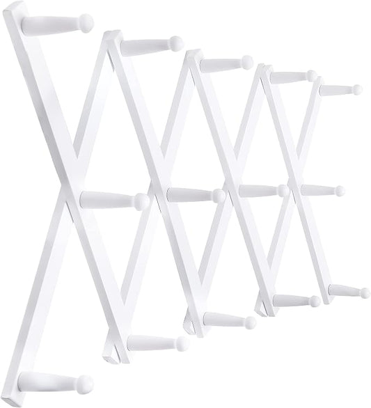 SKOLOO Hat Rack for Wall with 14 Hooks, Solid Wooden, Modern, Expandable Coat Rack Wall Mount for Coats, Hats, Bags, Baseball Caps, White by SKOLOO