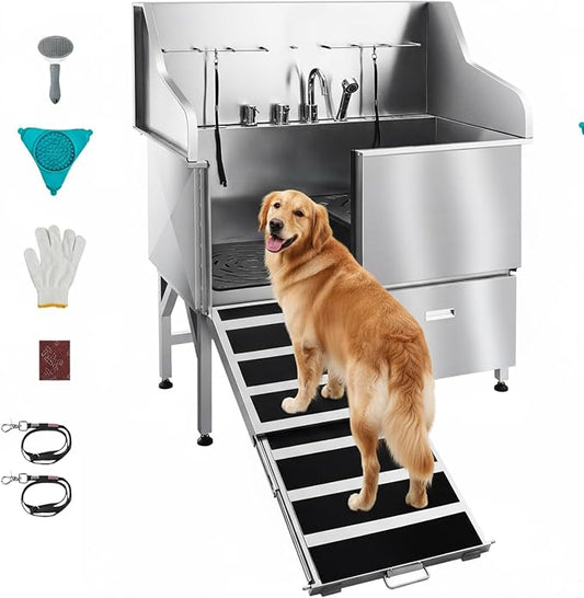 VEVOR Dog Bath Tub, Professional 50 Inch 304 Stainless Steel Dog Washing Station Anti-Slip Ramp & Storage Drawer, Hot Cold Water Faucet and Showerhead for Large Medium Small Dogs (Left Door) by VEVOR