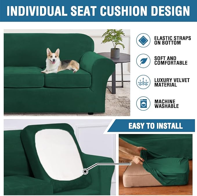 H.VERSAILTEX Real Velvet Plush 3 Piece Stretch Sofa Covers Couch Covers for 2 Cushion Couch Sofa Slipcovers Width Up to 90 Inch Feature Thick Soft Stay in Place (Large Sofa, Vintage Green) - Image 6