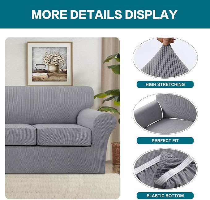 Turquoize 3 Piece Sofa Covers for 2 Cushion Couch Sofa Slipcover Soft Couch Cover for Dogs-Washable Sofa Furniture Covers with 2 Individual Cushion Covers, Thick Jacquard Fabric (Loveseat, Dove) - Image 4