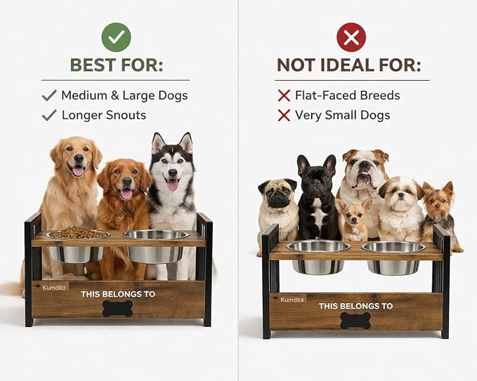 KUMDITA Adjustable Dog Bowls Elevated for Medium & Large Breed Dogs | Orthopedic dog food stand with stainless-steel food/water dishes; modern wood-metal pet feeder with raised dog bowls. - Image 2