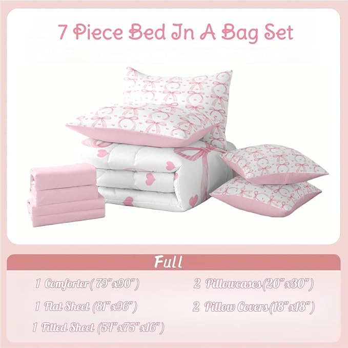Erosebridal Pink Bow Full Comforter Set for Girls Ribbon Bowknot Love 7 Piece Bedding Set for Kids Room Decor Pretty Trendy Pink Bows Quilt Set Girly Bow Knot Heart Bowtie Bed in A Bag with Sheets - Image 7