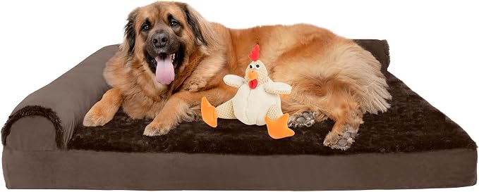 FurHaven Orthopedic Dog Bed & goDog Toy - Squeaky Plush Fat Rooseter with Chew Guard Technology for Large Dogs - Plush & Velvet L Shaped Chaise - Sable Brown, Jumbo Plus/XXL by FurHaven